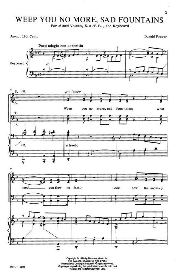 Donald Fraser, Weep You No More, Sad Fountains&nbsp;&nbsp;SATB and Keyboard&nbsp;&nbsp;Chorpartitur