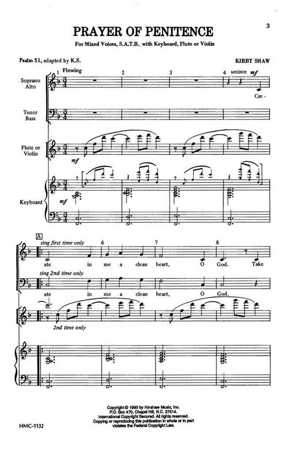 Kirby Shaw, Prayer Of Penitence&nbsp;&nbsp;SATB, Keyboard, Flute Or Violin&nbsp;&nbsp;Chorpartitur