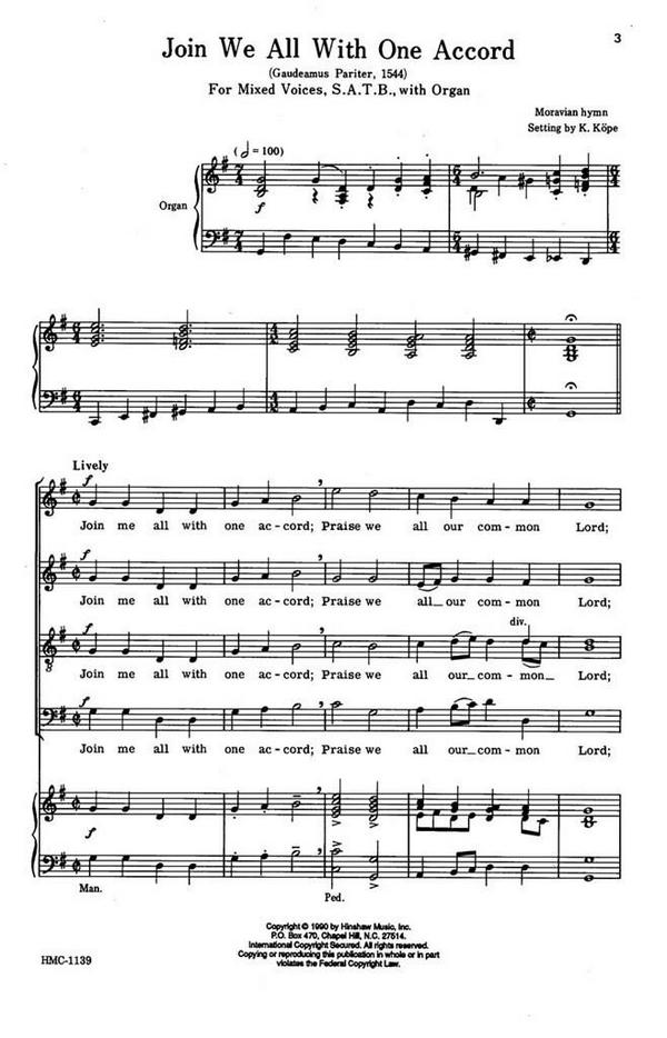 Join We All With One Accord&nbsp;&nbsp;SATB and Organ&nbsp;&nbsp;Chorpartitur