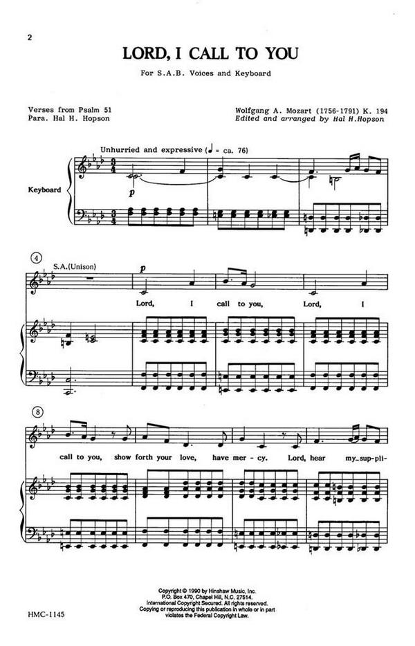 Wolfgang Amadeus Mozart, Lord, I Call To You&nbsp;&nbsp;SAB and Keyboard&nbsp;&nbsp;Chorpartitur