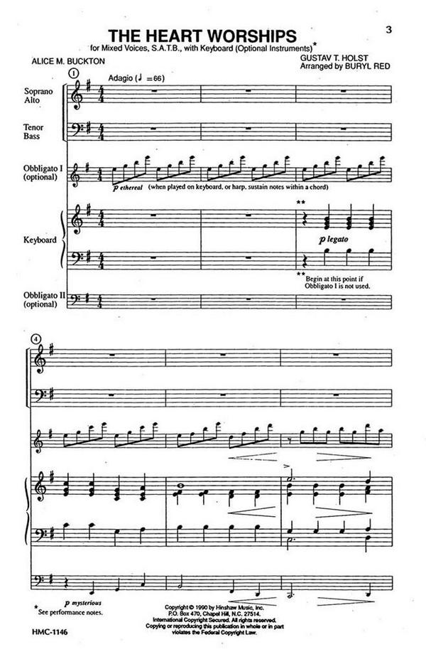 Gustav Holst, The Heart Worships&nbsp;&nbsp;SATB, Keyboard, Optional Instruments&nbsp;&nbsp;Chorpartitur