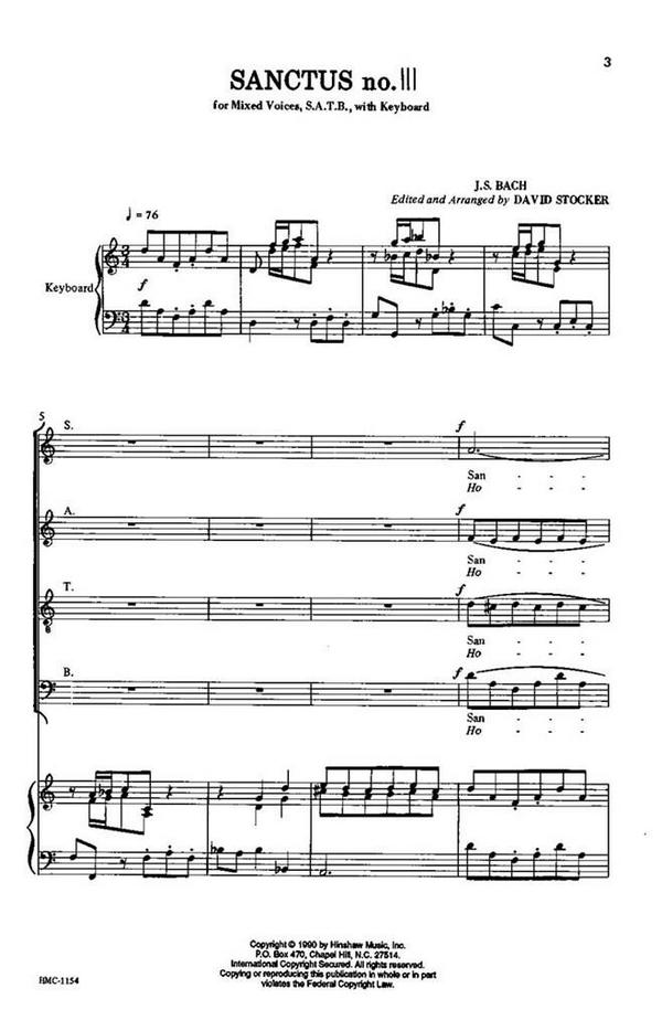 Johann Sebastian Bach, Sanctus No. III&nbsp;&nbsp;SATB and Keyboard&nbsp;&nbsp;Chorpartitur