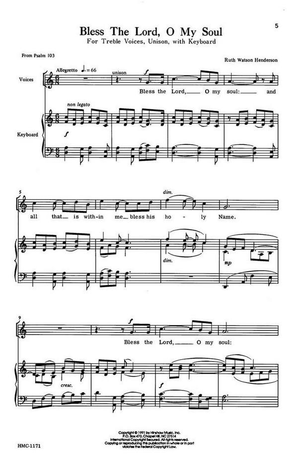 Ruth Watson Henderson, Bless The Lord, O My Soul&nbsp;&nbsp;Unison, Keyboard&nbsp;&nbsp;Chorpartitur