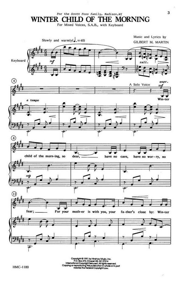Gilbert Martin, Winter Child Of The Morning&nbsp;&nbsp;SATB and Keyboard&nbsp;&nbsp;Chorpartitur