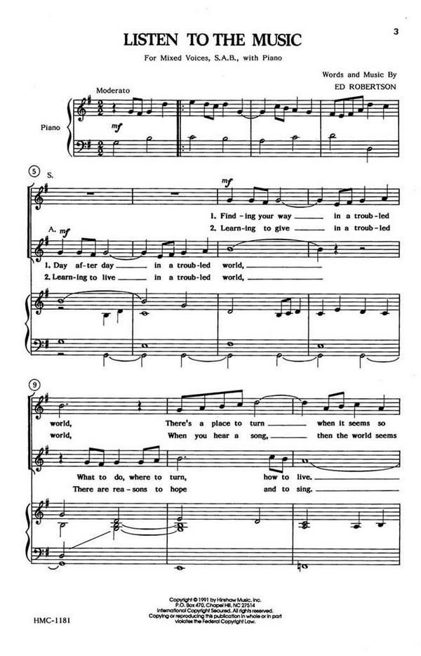 Edwin Robertson, Listen To The Music&nbsp;&nbsp;SAB, Piano&nbsp;&nbsp;Chorpartitur
