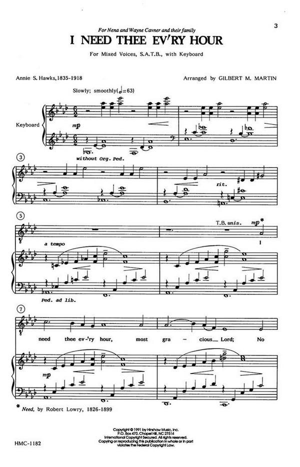 Robert Lowry, I Need Thee Every Hour&nbsp;&nbsp;SATB and Keyboard&nbsp;&nbsp;Chorpartitur