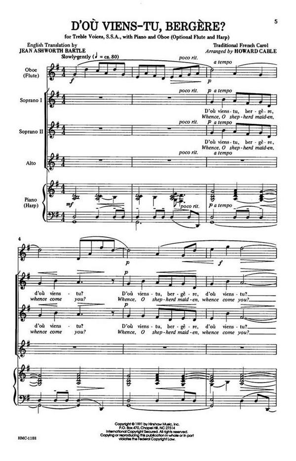 D'ou Viens-Tu, Bergere?&nbsp;&nbsp;SSA, Keyboard, Oboe&nbsp;&nbsp;Chorpartitur