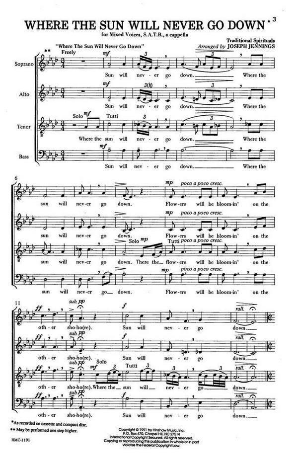 Where The Sun Will Never Go Down&nbsp;&nbsp;SATB Divisi a Cappella&nbsp;&nbsp;Chorpartitur