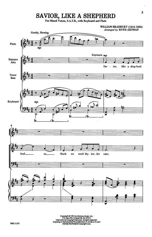 William B. Bradbury, Savior, Like A Shepherd&nbsp;&nbsp;SATB, Keyboard and Flute&nbsp;&nbsp;Chorpartitur