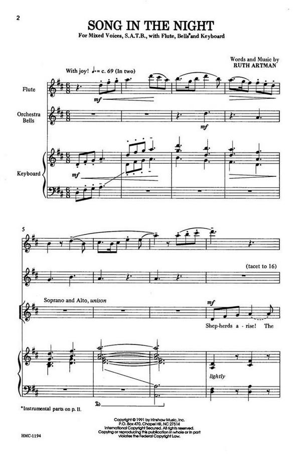 Ruth Artman, Song In The Night&nbsp;&nbsp;SATB, Keyboard With Flute and Orchestra Bells&nbsp;&nbsp;Chorpartitur