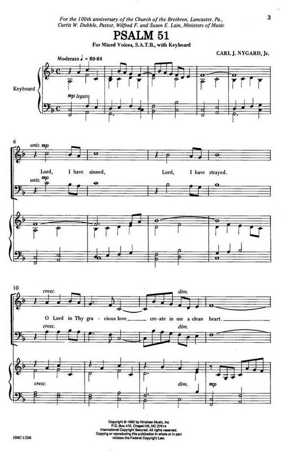 Carl Nygard, Psalm 51&nbsp;&nbsp;SATB and Keyboard&nbsp;&nbsp;Chorpartitur