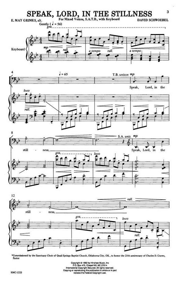David Schwoebel, Speak Lord, In The Stillness&nbsp;&nbsp;SATB and Keyboard&nbsp;&nbsp;Chorpartitur