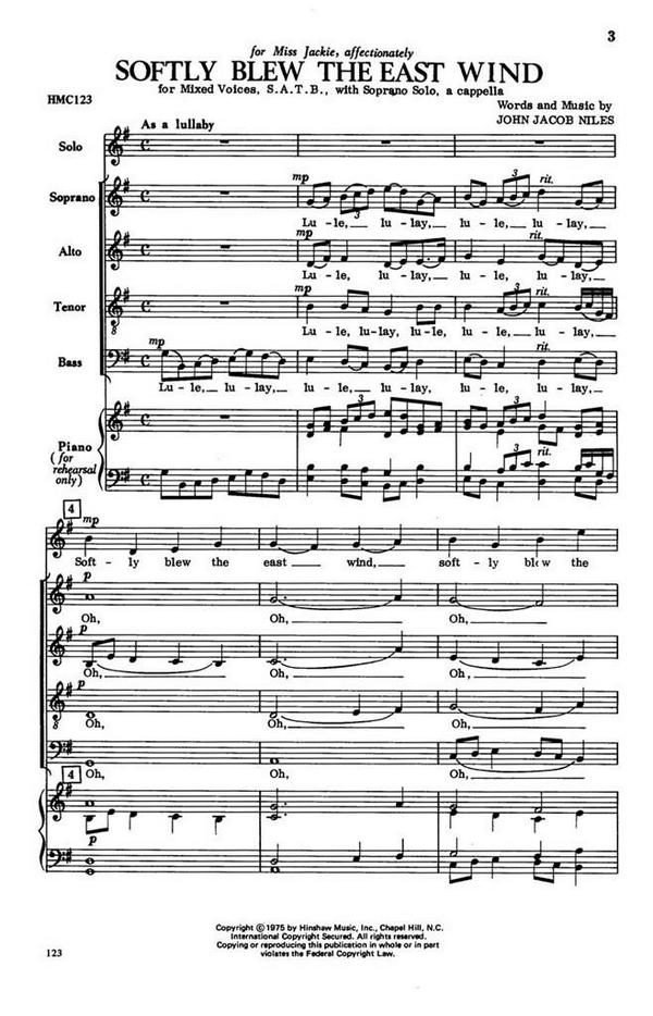 John Jacob Niles, Softly Blew The East Wind&nbsp;&nbsp;SATB, Solo, a Cappella&nbsp;&nbsp;Chorpartitur