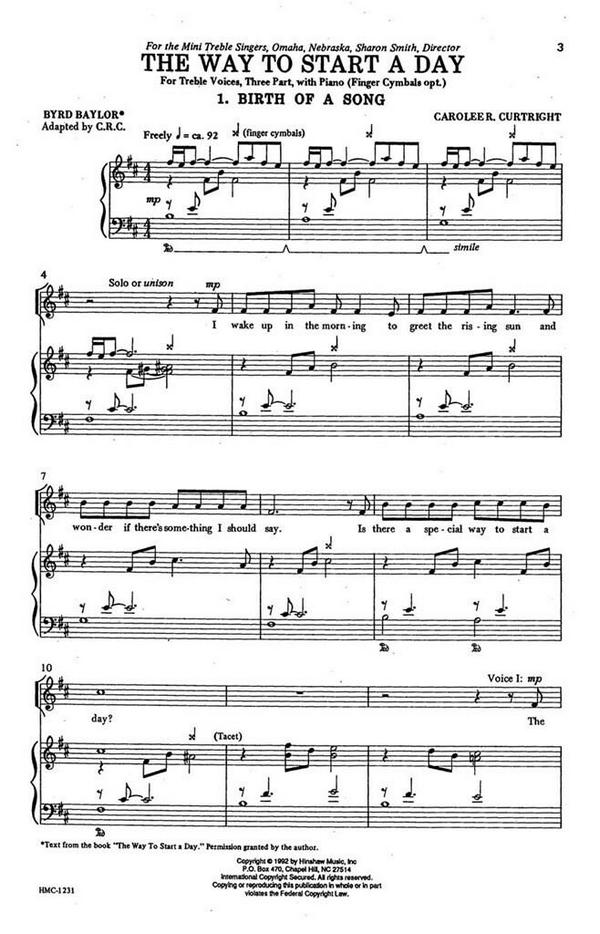 Carolee R Curtright, The Way To Start A Day&nbsp;&nbsp;SSA, Keyboard, Opt. Finger Cymbols&nbsp;&nbsp;Chorpartitur