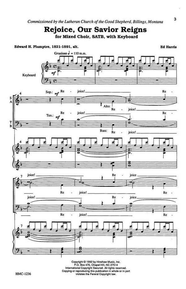 Ed Harris, Rejoice, Our Savior Reigns&nbsp;&nbsp;SATB and Keyboard&nbsp;&nbsp;Chorpartitur