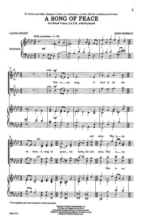 John Horman, A Song Of Peace&nbsp;&nbsp;SATB, Piano&nbsp;&nbsp;Chorpartitur