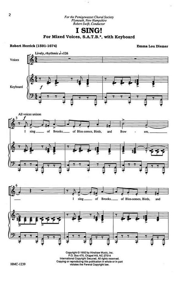 Emma Lou Diemer, I Sing&nbsp;&nbsp;SATB and Keyboard&nbsp;&nbsp;Chorpartitur