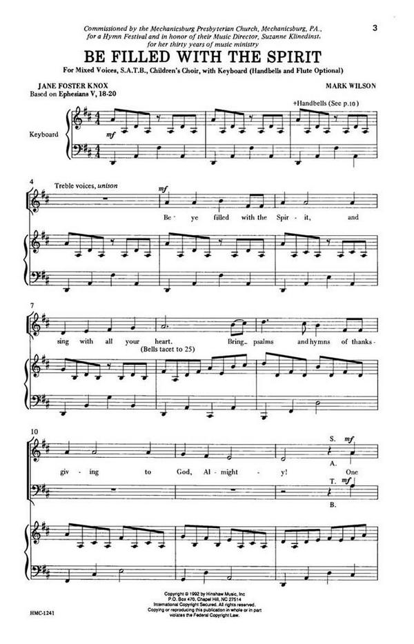 Mark Wilson, Be Filled With The Spirit&nbsp;&nbsp;SATB, Treble Choir [or Children], Keyboard, Bells and Flutes Optional&nbsp;&nbsp;Chorpartitur