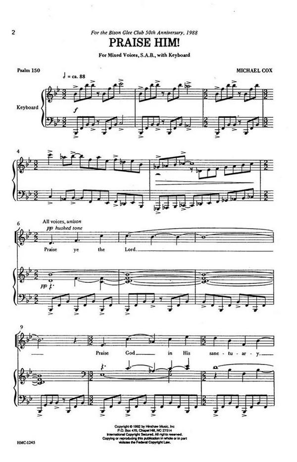 Michael Cox, Praise Him&nbsp;&nbsp;SAB and Keyboard&nbsp;&nbsp;Chorpartitur