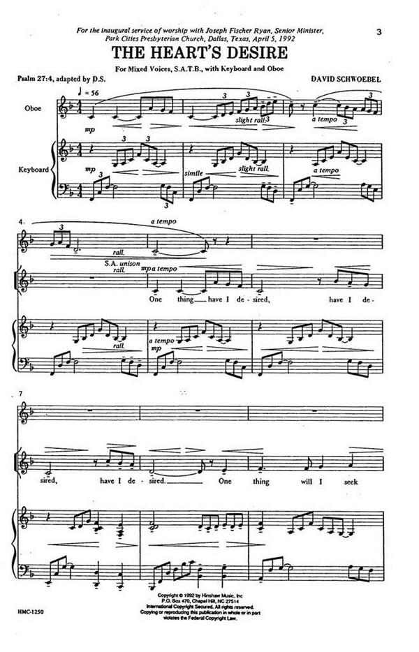 David Schwoebel, The Heart's Desire&nbsp;&nbsp;SATB, Keyboard, Oboe&nbsp;&nbsp;Chorpartitur