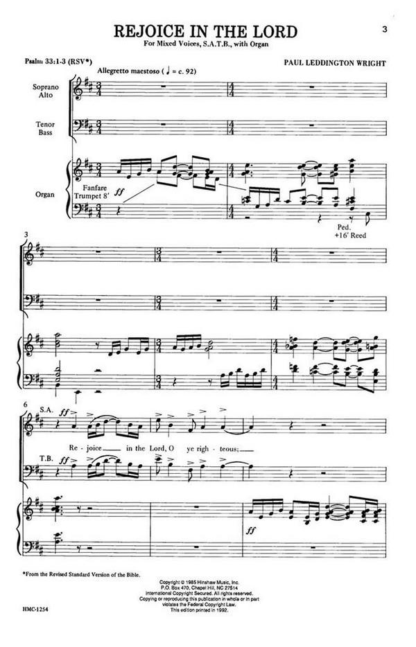 Paul Leddington Wright, Rejoice In The Lord&nbsp;&nbsp;SATB and Organ&nbsp;&nbsp;Chorpartitur