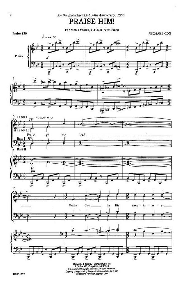 Michael Cox, Praise Him&nbsp;&nbsp;TTBB, Piano&nbsp;&nbsp;Chorpartitur
