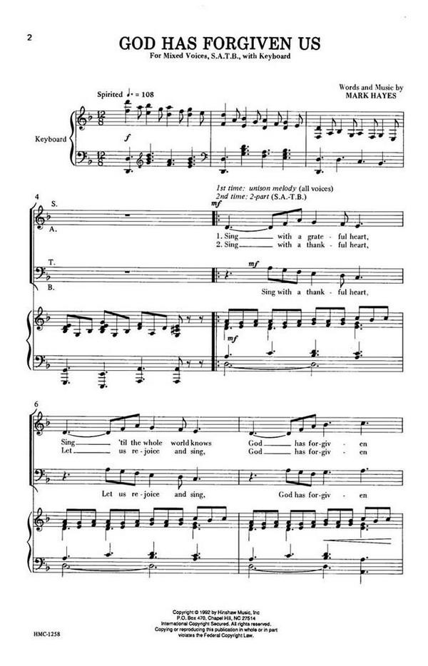 Mark Hayes, God Has Forgiven Us&nbsp;&nbsp;SATB and Keyboard&nbsp;&nbsp;Chorpartitur
