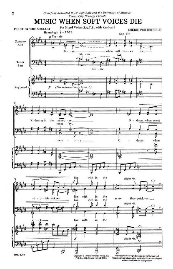 Sherri Porterfield, Music When Soft Voices Die&nbsp;&nbsp;SATB and Keyboard&nbsp;&nbsp;Chorpartitur