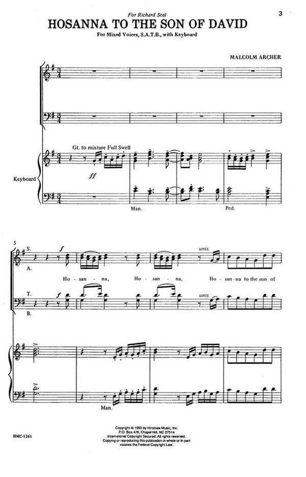 Malcolm Archer, Hosanna To The Son Of David&nbsp;&nbsp;SATB and Organ&nbsp;&nbsp;Chorpartitur