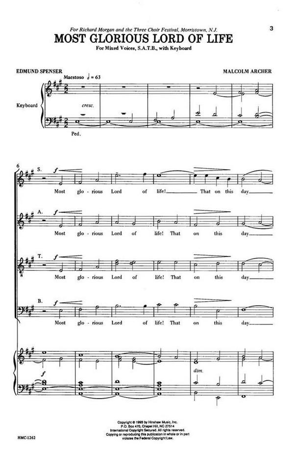 Malcolm Archer, Most Glorious Lord Of Life&nbsp;&nbsp;SATB and Organ&nbsp;&nbsp;Chorpartitur
