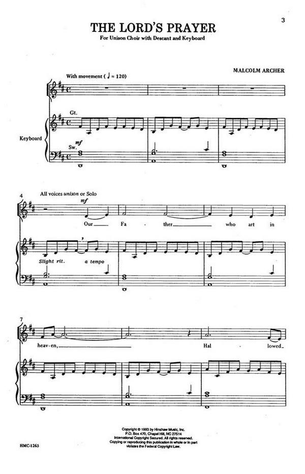 Malcolm Archer, The Lord's Prayer&nbsp;&nbsp;2-Part Choir and Piano&nbsp;&nbsp;Chorpartitur