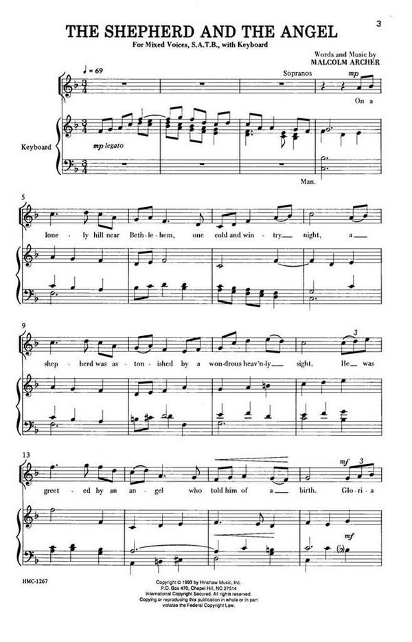 Malcolm Archer, The Shepherd And The Angel&nbsp;&nbsp;SATB and Organ&nbsp;&nbsp;Chorpartitur