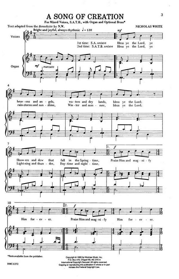 Nicholas White, A Song Of Creation&nbsp;&nbsp;SATB and Organ&nbsp;&nbsp;Chorpartitur