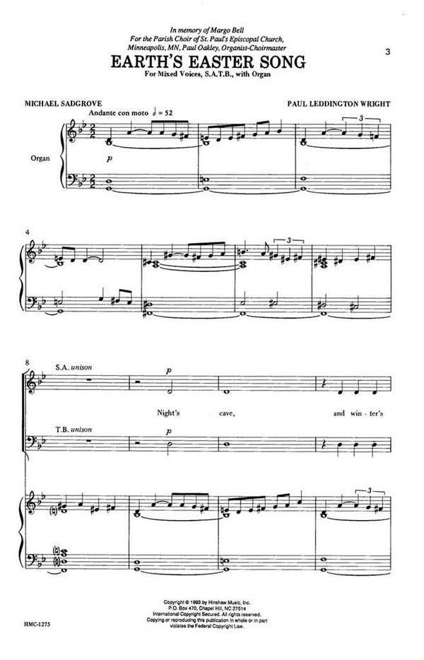 Paul Leddington Wright, Earth's Easter Song&nbsp;&nbsp;SATB and Keyboard&nbsp;&nbsp;Chorpartitur