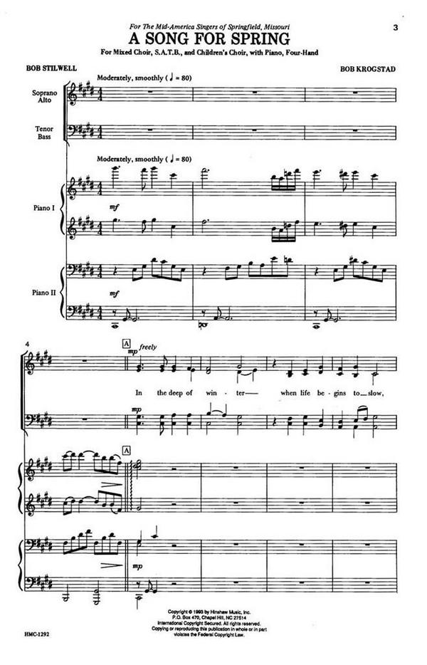 Bob Krogstad, A Song For Spring&nbsp;&nbsp;SATB, Treble Choir [or Children], Piano [Four Hands]&nbsp;&nbsp;Chorpartitur