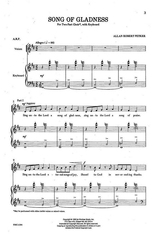 Allan Robert Petker, Song Of Gladness  2-Part Choir and Keyboard  Chorpartitur