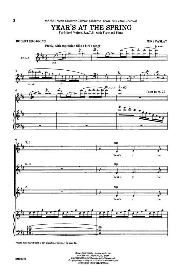 Mike Paslay, Year's At The Spring&nbsp;&nbsp;SATB and Keyboard&nbsp;&nbsp;Chorpartitur