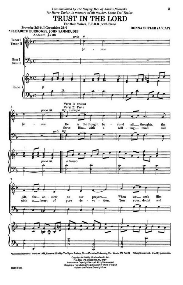 Donna Butler, Trust In The Lord&nbsp;&nbsp;TTBB, Piano&nbsp;&nbsp;Chorpartitur