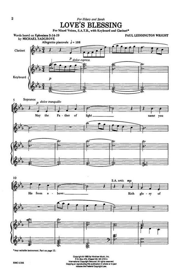 Paul Leddington Wright, Love's Blessing&nbsp;&nbsp;SATB and Keyboard&nbsp;&nbsp;Chorpartitur