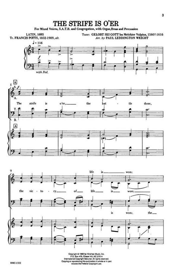 Melchior Vulpius, The Strife Is O'er&nbsp;&nbsp;SATB and Organ&nbsp;&nbsp;Chorpartitur