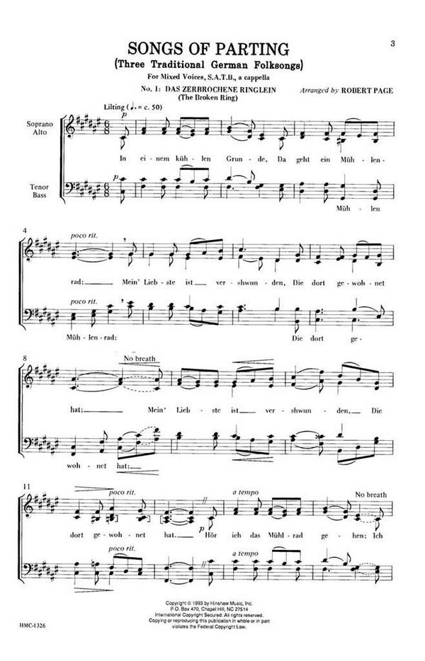 Songs Of Parting (Three Thraditional German)&nbsp;&nbsp;SATB Divisi a Cappella&nbsp;&nbsp;Chorpartitur