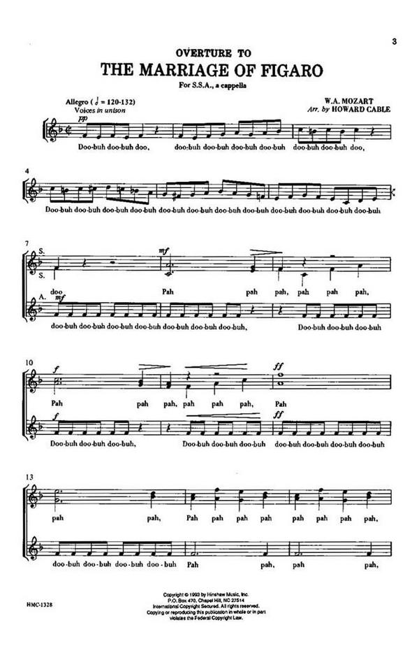 Wolfgang Amadeus Mozart, The Overture To The Marriage Of Figaro&nbsp;&nbsp;SSA a Cappella&nbsp;&nbsp;Chorpartitur