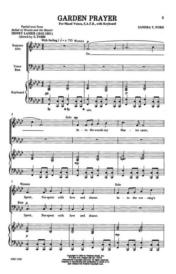 Sandra T. Ford, Garden Prayer&nbsp;&nbsp;SATB and Keyboard&nbsp;&nbsp;Chorpartitur