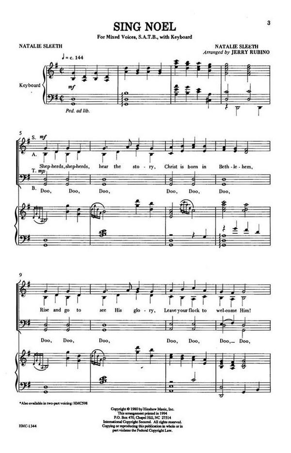 Natalie Sleeth, Sing Noel&nbsp;&nbsp;SATB and Keyboard&nbsp;&nbsp;Chorpartitur