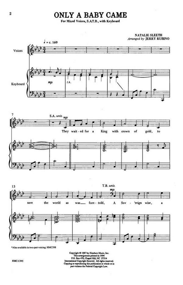 Natalie Sleeth, Only A Baby Came&nbsp;&nbsp;SATB and Keyboard&nbsp;&nbsp;Chorpartitur