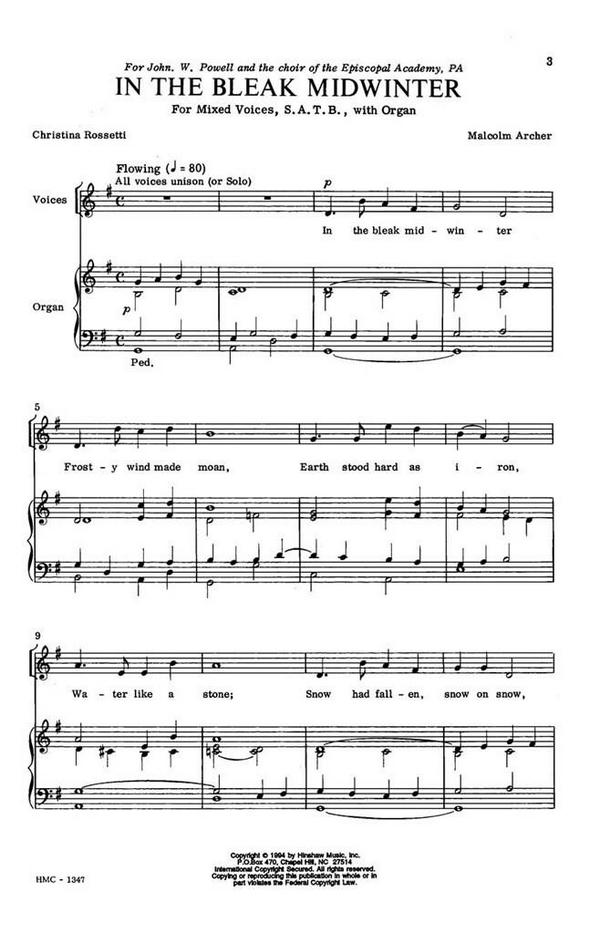 Malcolm Archer, In The Bleak Mid-Winter&nbsp;&nbsp;SATB, Optional Solo, Keyboard&nbsp;&nbsp;Chorpartitur