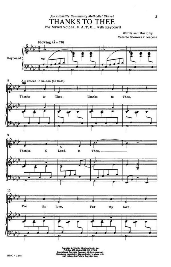 Valerie J. Crescenz, Thanks To Thee&nbsp;&nbsp;SATB and Keyboard&nbsp;&nbsp;Chorpartitur