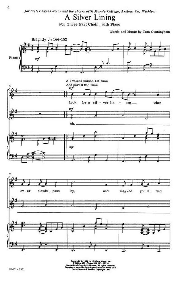 Thomas Cunningham, A Silver Lining&nbsp;&nbsp;3-Part Choir and Keyboard&nbsp;&nbsp;Chorpartitur