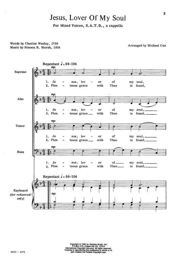 Simeon B. Marsh, Jesus, Lover Of My Soul&nbsp;&nbsp;SATB a Cappella&nbsp;&nbsp;Chorpartitur
