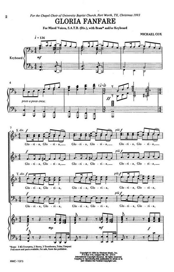 Gloria Fanfare&nbsp;&nbsp;SATB Divisi, Keyboard, Optional Brass&nbsp;&nbsp;Chorpartitur